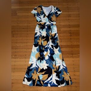 Ouges M Dress summer Floral Print Dress  blue Maxi v neck party short sleeve